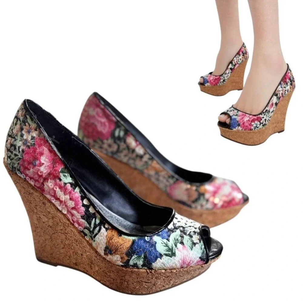 Y2K VTG. CORK PLATFORM FLORAL SEQUIN BAMBOO WEDGES‎ SIZE 9.